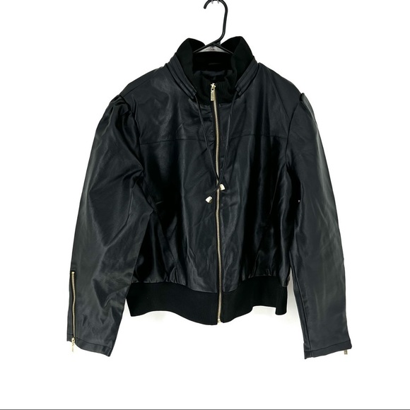 New Look Women's Faux Leather Puff Sleeve Full Zip Jacket w/ Drawstrings - Picture 1 of 7